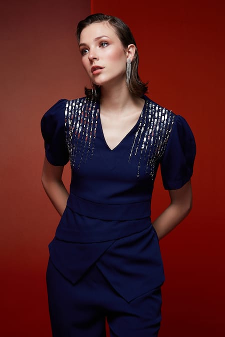 House Of Zeniaa Blue Crepe Crystals, Stones V-neck All You Desire Top Online at Aza Fashions House Of Zeniaa_Blue Crepe Crystals, Stones V-neck All You Desire Top_Online_at_Aza_Fashions