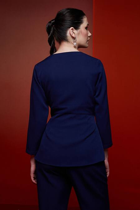 Buy_House Of Zeniaa_Blue Crepe Crystals, Stones V-neck The Emily Hand Embellished Top_Online_at_Aza_Fashions