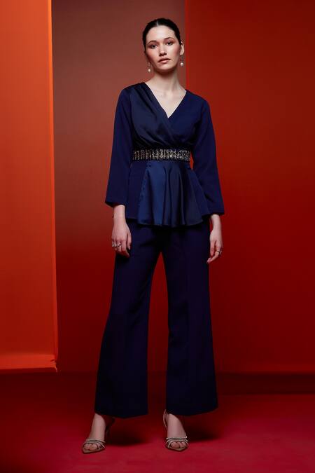 Shop_House Of Zeniaa_Blue Crepe Crystals, Stones V-neck The Emily Hand Embellished Top_Online_at_Aza_Fashions