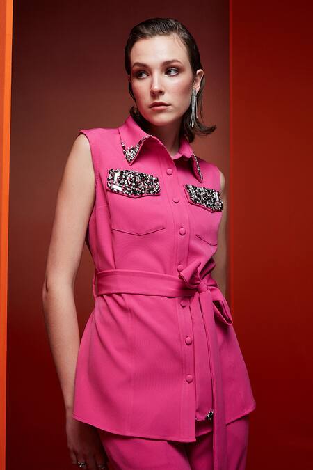 Buy_House Of Zeniaa_Pink Crepe Crystals, Stones Collared Hot Mess Embellished Shirt _Online_at_Aza_Fashions