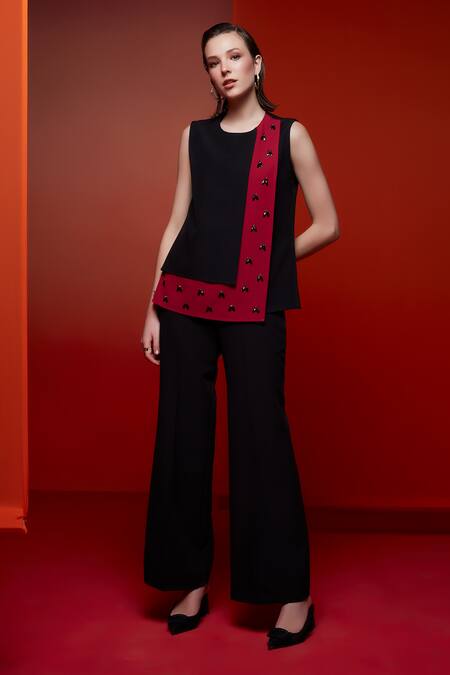 Buy_House Of Zeniaa_Black Crepe Crystals Round Neck Rose Panelled Top_Online_at_Aza_Fashions