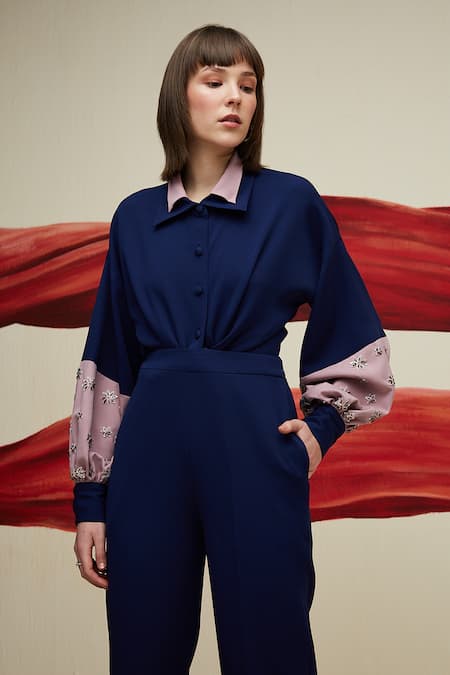 House of Zeniaa Blue Luxury Crepe Placement Embellished Petals Collared Freya Color Block Shirt 