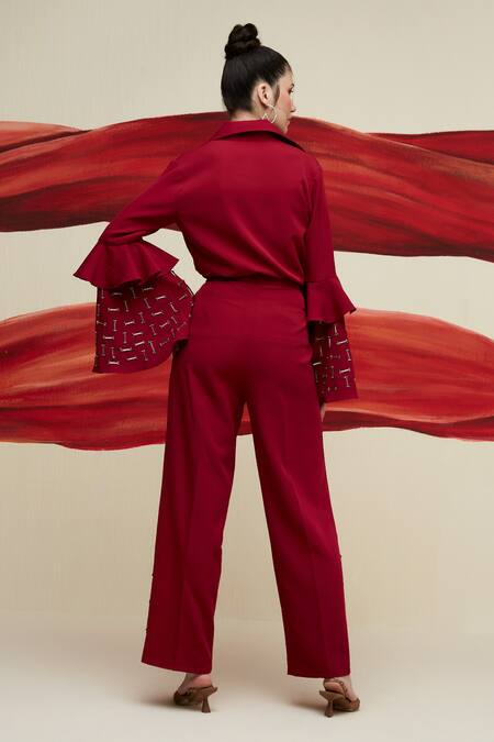 Shop House Of Zeniaa Red Crepe Embroidery Collared Elongated Sleeve Shirt at Aza Fashions Shop_House Of Zeniaa_Red Crepe Embroidery Collared Elongated Sleeve Shirt_at_Aza_Fashions