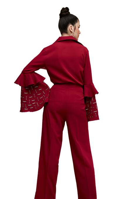 House Of Zeniaa Red Crepe Embroidery Collared Elongated Sleeve Shirt Online at Aza Fashions House Of Zeniaa_Red Crepe Embroidery Collared Elongated Sleeve Shirt_Online_at_Aza_Fashions