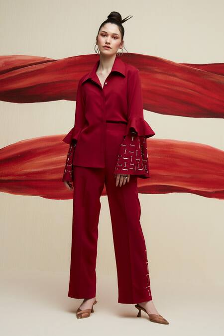 Buy House Of Zeniaa Red Crepe Embroidery Collared Elongated Sleeve Shirt Online at Aza Fashions Buy_House Of Zeniaa_Red Crepe Embroidery Collared Elongated Sleeve Shirt_Online_at_Aza_Fashions