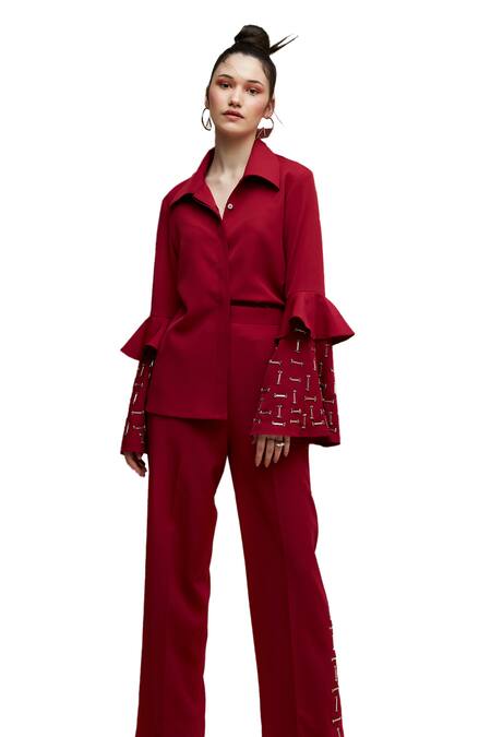 Shop House Of Zeniaa Red Crepe Embroidery Collared Elongated Sleeve Shirt Online at Aza Fashions Shop_House Of Zeniaa_Red Crepe Embroidery Collared Elongated Sleeve Shirt_Online_at_Aza_Fashions