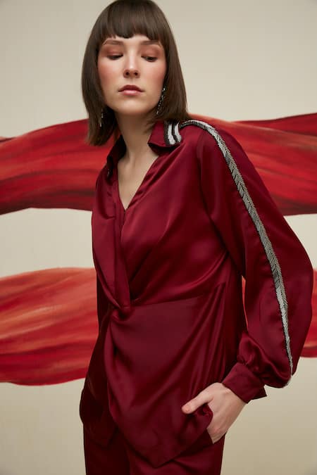 House Of Zeniaa_Red Satin Cut Work Collared Turn And Twist Shirt_Online_at_Aza_Fashions