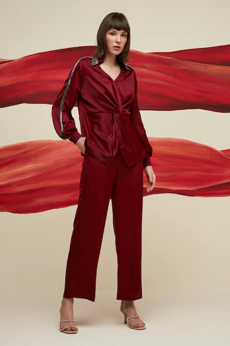 Buy_House Of Zeniaa_Red Satin Cut Work Collared Turn And Twist Shirt_Online_at_Aza_Fashions