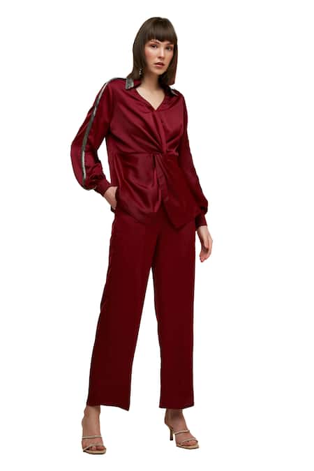 Shop_House Of Zeniaa_Red Satin Cut Work Collared Turn And Twist Shirt_Online_at_Aza_Fashions