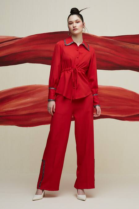 House Of Zeniaa Red Crepe Stones Collared Dear Donna Drawstring Shirt Online at Aza Fashions House Of Zeniaa_Red Crepe Stones Collared Dear Donna Drawstring Shirt_Online_at_Aza_Fashions