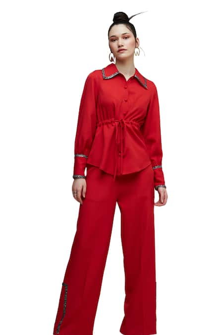 Buy House Of Zeniaa Red Crepe Stones Collared Dear Donna Drawstring Shirt Online at Aza Fashions Buy_House Of Zeniaa_Red Crepe Stones Collared Dear Donna Drawstring Shirt_Online_at_Aza_Fashions