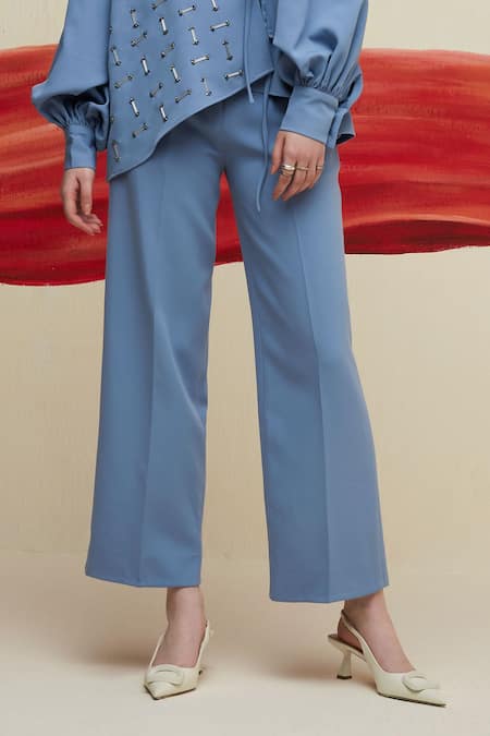 Shop_House Of Zeniaa_Blue Crepe Embroidery Collared Placement Geometric Shirt With Pant _Online_at_Aza_Fashions