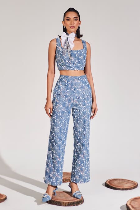 House of Zeniaa Blue Denim Embroidered Sequins Square All About You Top And Pant Set 