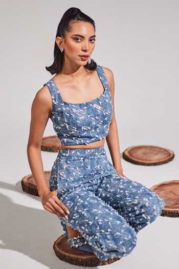House Of Zeniaa_Blue Denim Sequins Square Neck All About You Top And Pant Set_Online_at_Aza_Fashions