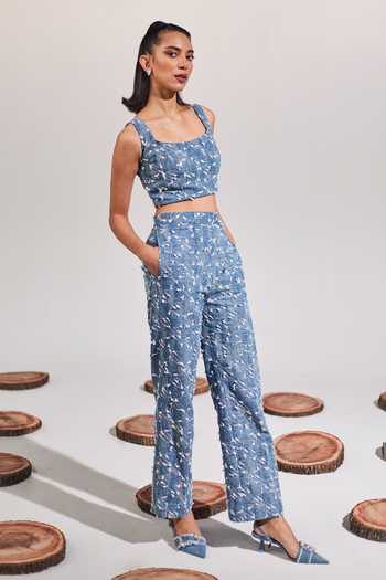Buy_House Of Zeniaa_Blue Denim Sequins Square Neck All About You Top And Pant Set_Online_at_Aza_Fashions