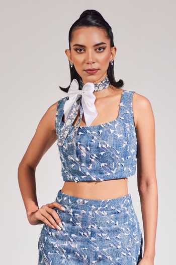 Shop_House Of Zeniaa_Blue Denim Sequins Square Neck All About You Top And Pant Set_Online_at_Aza_Fashions