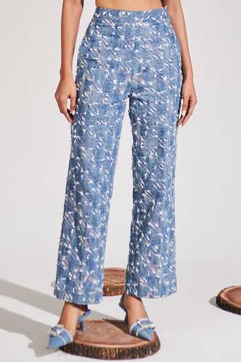 House Of Zeniaa_Blue Denim Sequins Square Neck All About You Top And Pant Set_at_Aza_Fashions