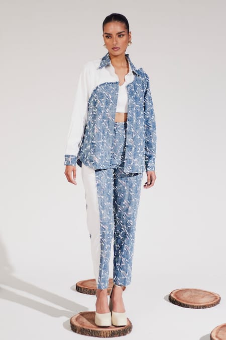 House of Zeniaa Blue Denim Embroidered Sequins Collared Color Block Shirt With Pant 