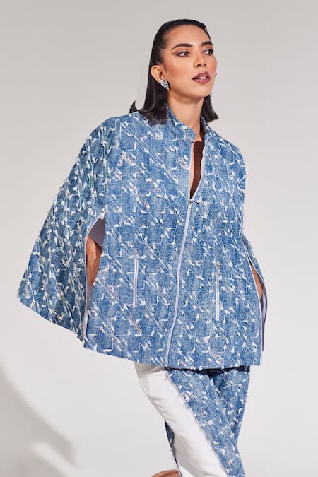 House of Zeniaa Blue Denim Embroidered Sequins Mandarin Passion Cape 