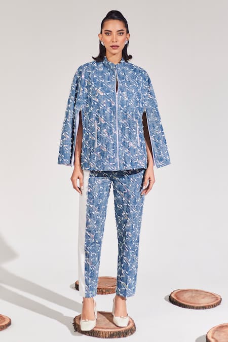 House of Zeniaa Blue Denim Embroidered Sequins Mandarin Passion Cape With Pant 