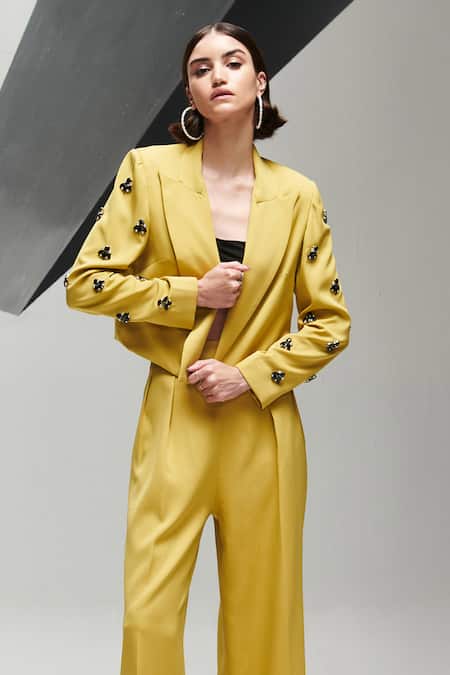 Shop House Of Zeniaa Green Crepe Stones Open Neck Boss Babe Crop Blazer And Pant Set at Aza Fashions Shop_House Of Zeniaa_Green Crepe Stones Open Neck Boss Babe Crop Blazer And Pant Set_at_Aza_Fashions