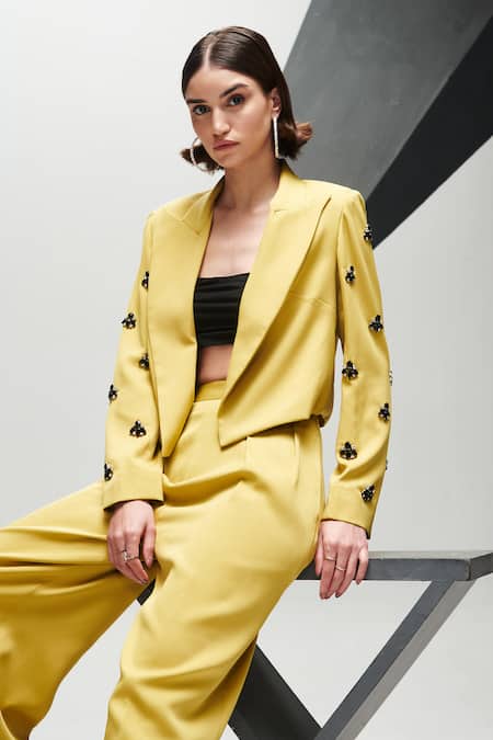 House Of Zeniaa Green Crepe Stones Open Neck Boss Babe Crop Blazer And Pant Set Online at Aza Fashions House Of Zeniaa_Green Crepe Stones Open Neck Boss Babe Crop Blazer And Pant Set_Online_at_Aza_Fashions