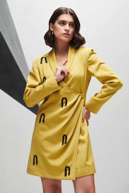House Of Zeniaa Green Crepe Sequins Collared Brooklyn Blazer Dress Online at Aza Fashions House Of Zeniaa_Green Crepe Sequins Collared Brooklyn Blazer Dress_Online_at_Aza_Fashions