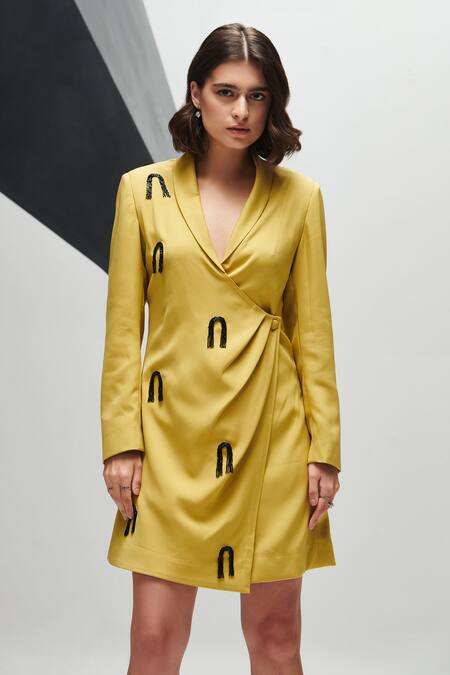 Buy House Of Zeniaa Green Crepe Sequins Collared Brooklyn Blazer Dress Online at Aza Fashions Buy_House Of Zeniaa_Green Crepe Sequins Collared Brooklyn Blazer Dress_Online_at_Aza_Fashions