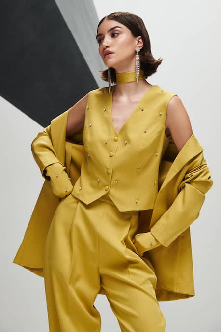 House Of Zeniaa Green Crepe True Lime Straight Fit Blazer Online at Aza Fashions House Of Zeniaa_Green Crepe True Lime Straight Fit Blazer_Online_at_Aza_Fashions