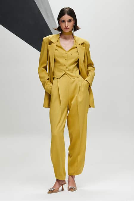 Buy House Of Zeniaa Green Crepe Stones Plunge Neck True Lime Waistcoat With Pant Online at Aza Fashions Buy_House Of Zeniaa_Green Crepe Stones Plunge Neck True Lime Waistcoat With Pant_Online_at_Aza_Fashions