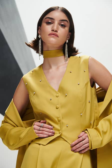 Shop House Of Zeniaa Green Crepe Stones Plunge Neck True Lime Waistcoat With Pant Online at Aza Fashions Shop_House Of Zeniaa_Green Crepe Stones Plunge Neck True Lime Waistcoat With Pant_Online_at_Aza_Fashions