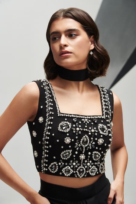 Shop House Of Zeniaa Black Silk, Crepe, Satin Pearls, Crystals Square Neck Top And Dhoti Skirt Set Online at Aza Fashions Shop_House Of Zeniaa_Black Silk, Crepe, Satin Pearls, Crystals Square Neck Top And Dhoti Skirt Set _Online_at_Aza_Fashions