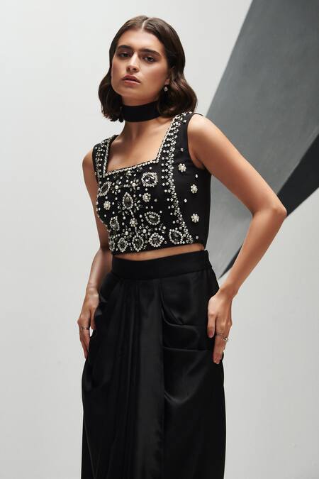 House Of Zeniaa Black Silk, Crepe, Satin Pearls, Crystals Square Neck Top And Dhoti Skirt Set at Aza Fashions House Of Zeniaa_Black Silk, Crepe, Satin Pearls, Crystals Square Neck Top And Dhoti Skirt Set _at_Aza_Fashions