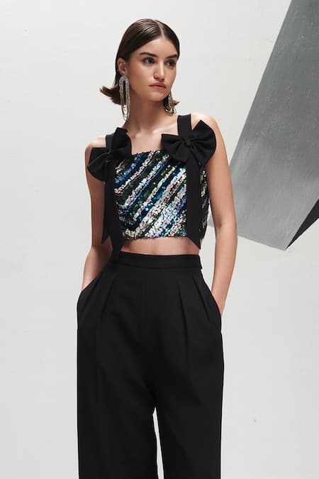 House Of Zeniaa Multi Color Silk Sequins Square Neck Miranda Bow Crop Top Online at Aza Fashions House Of Zeniaa_Multi Color Silk Sequins Square Neck Miranda Bow Crop Top_Online_at_Aza_Fashions