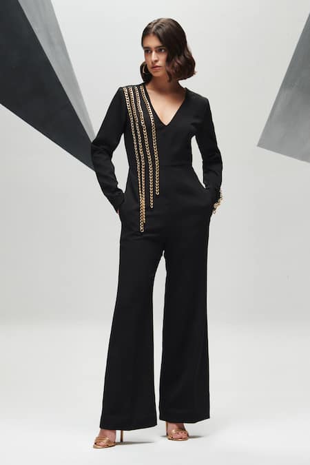 House of Zeniaa Black Luxury Crepe Embellished Chains V-neck Sheron Jumpsuit 