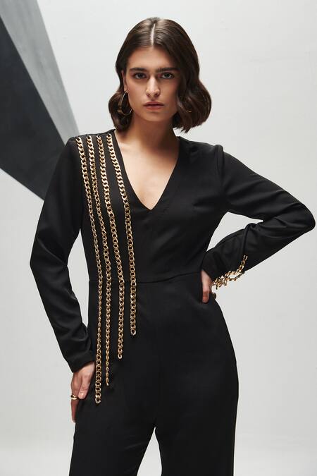 Buy Black Luxury Crepe Embellished Chains V-neck Sheron Jumpsuit For Women  by House of Zeniaa Online at Aza Fashions in US