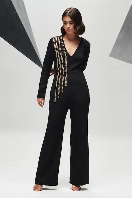Buy_House Of Zeniaa_Black Crepe Chains V-neck Sheron Jumpsuit_Online_at_Aza_Fashions