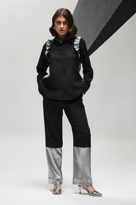 House Of Zeniaa_Black Crepe Ruffles Collared Vanessa Top With Pant_Online_at_Aza_Fashions