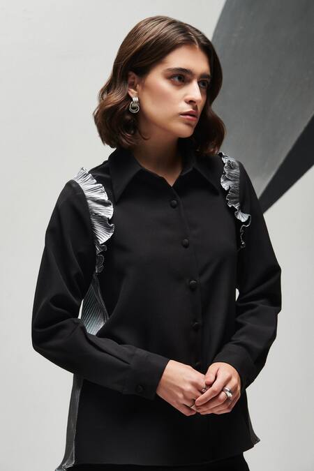 Buy_House Of Zeniaa_Black Crepe Ruffles Collared Vanessa Top With Pant_Online_at_Aza_Fashions