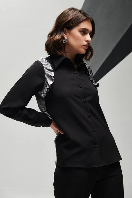 Shop_House Of Zeniaa_Black Crepe Ruffles Collared Vanessa Top With Pant_Online_at_Aza_Fashions