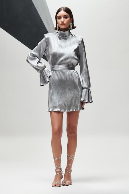 House of Zeniaa Silver Pleated Turtle Adena Starlight Dress 