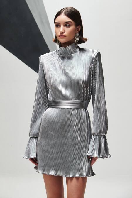 Buy_House Of Zeniaa_Silver Silk Turtle Neck Adena Starlight Dress_Online_at_Aza_Fashions