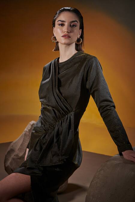 House Of Zeniaa Brown Kota Doria Round Neck Meriyana Draped Dress Online at Aza Fashions House Of Zeniaa_Brown Kota Doria Round Neck Meriyana Draped Dress_Online_at_Aza_Fashions