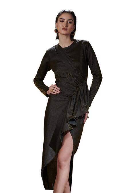 House Of Zeniaa Brown Kota Doria Round Neck Meriyana Draped Dress at Aza Fashions House Of Zeniaa_Brown Kota Doria Round Neck Meriyana Draped Dress_at_Aza_Fashions