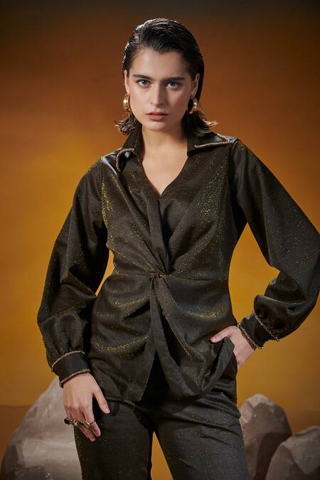 Shop_House Of Zeniaa_Brown Kota Doria Lace Collared Turn And Twist Shimmer Shirt With Pant_Online_at_Aza_Fashions