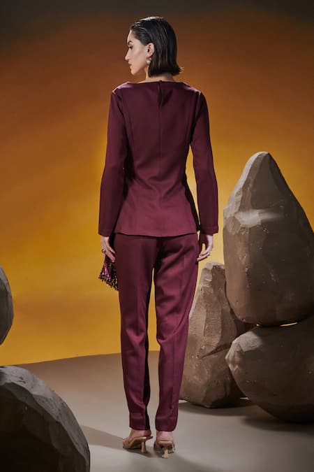 Shop House Of Zeniaa Wine Silk, Polyester, Crepe Sequins V-neck Elis Top With Pant at Aza Fashions Shop_House Of Zeniaa_Wine Silk, Polyester, Crepe Sequins V-neck Elis Top With Pant_at_Aza_Fashions