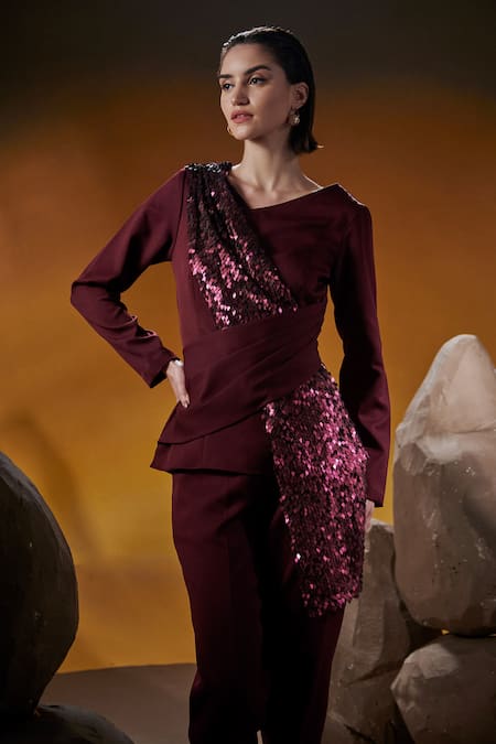House Of Zeniaa Wine Silk, Polyester, Crepe Sequins V-neck Elis Top With Pant Online at Aza Fashions House Of Zeniaa_Wine Silk, Polyester, Crepe Sequins V-neck Elis Top With Pant_Online_at_Aza_Fashions