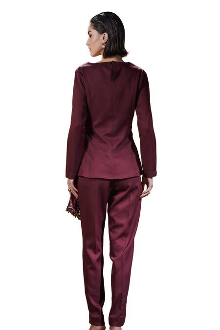 Buy House Of Zeniaa Wine Silk, Polyester, Crepe Sequins V-neck Elis Top With Pant Online at Aza Fashions Buy_House Of Zeniaa_Wine Silk, Polyester, Crepe Sequins V-neck Elis Top With Pant_Online_at_Aza_Fashions