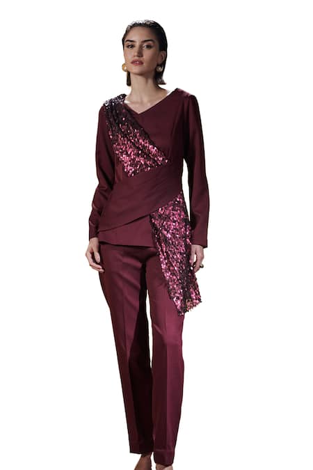 Shop House Of Zeniaa Wine Silk, Polyester, Crepe Sequins V-neck Elis Top With Pant Online at Aza Fashions Shop_House Of Zeniaa_Wine Silk, Polyester, Crepe Sequins V-neck Elis Top With Pant_Online_at_Aza_Fashions