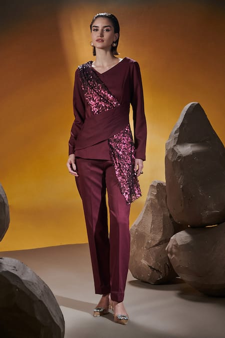House Of Zeniaa Wine Silk, Polyester, Crepe Sequins V-neck Elis Top With Pant at Aza Fashions House Of Zeniaa_Wine Silk, Polyester, Crepe Sequins V-neck Elis Top With Pant_at_Aza_Fashions